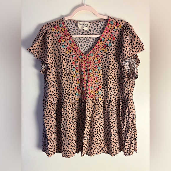 Savanna Jane Tops - Savanna Jane Tan and Brown Flutter Sleeve Blouse